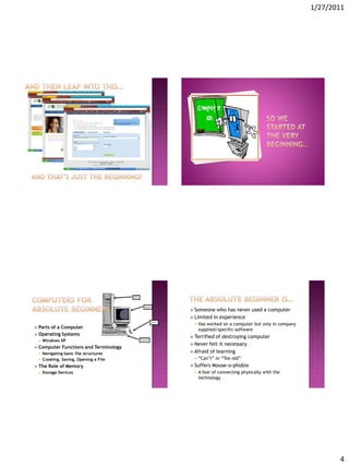 1/27/2011




                                            Someone      who has never used a computer
                                            Limited    in experience
                                                Has worked on a computer but only in company
 Parts of a Computer                            supplied/specific software
 Operating Systems
                                            Terrified of destroying computer
       Windows XP
                                            Never  felt it necessary
   Computer Functions and Terminology
       Navigating basic file structures    Afraid of learning

       Creating, Saving, Opening a File        “Can’t” or “Too old”
   The Role of Memory                      Suffers   Mouse-o-phobia
       Storage Devices                         A fear of connecting physically with the
                                                 technology




                                                                                                       4
 