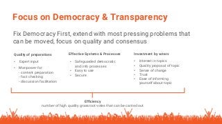 Focus on Democracy & Transparency
Fix Democracy First, extend with most pressing problems that
can be moved, focus on quality and consensus
Quality of preparations
• Manpower for
- content preparation
- fact checking
- discussion facilitation
• Expert input
Investment by voters
• Interest in topics
• Quality proposal of topic
• Sense of change
• Trust
• Ease of informing
yourself about topic
Efficiency
number of high quality grassroot votes that can be carried out
Effective Systems & Processes
• Safeguarded democratic
and info processes
• Easy to use
• Secure
 