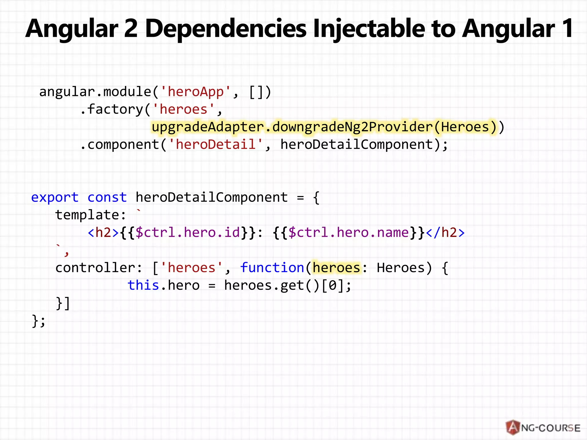 angular.module('heroApp', []) .factory('heroes', upgradeAdapter.downgradeNg2Provider(Heroes)) .component('heroDetail', heroDetailComponent); export const heroDetailComponent = { template: ` <h2>{{$ctrl.hero.id}}: {{$ctrl.hero.name}}</h2> `, controller: ['heroes', function(heroes: Heroes) { this.hero = heroes.get()[0]; }] }; 