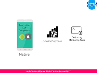 Agile Testing Alliance Global Testing Retreat 2017
Native
Pure Native
SDK
Components
Network Proxy Tools
Device Log
Monitoring Tools
 