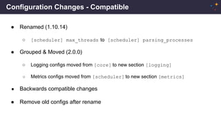 Configuration Changes - Compatible
● Renamed (1.10.14)
○ [scheduler] max_threads to [scheduler] parsing_processes
● Grouped & Moved (2.0.0)
○ Logging configs moved from [core] to new section [logging]
○ Metrics configs moved from [scheduler] to new section [metrics]
● Backwards compatible changes
● Remove old configs after rename
 