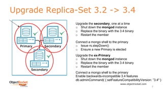 Upgrade Replica-Set 3.2 -> 3.4
www.objectrocket.com
7
Upgrade the secondary, one at a time
o Shut down the mongod instance
o Replace the binary with the 3.4 binary
o Restart the member
Connect a mongo shell to the primary
o Issue rs.stepDown()
o Ensure a new Primary is elected
Upgrade the ex-Primary
o Shut down the mongod instance
o Replace the binary with the 3.4 binary
o Restart the member
Connect a mongo shell to the primary
Enable backwards-incompatible 3.4 features
db.adminCommand( { setFeatureCompatibilityVersion: ”3.4" }
 