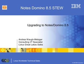 Notes Domino 8.5 STEW



                Upgrading to Notes/Domino 8.5



     Andrea W augh-Metzger
     Consulting I/T Specialist
     Lotus Great Lakes Sales




Lotus Worldwide Technical Sales
                                                © 2008 IBM Corporation
 