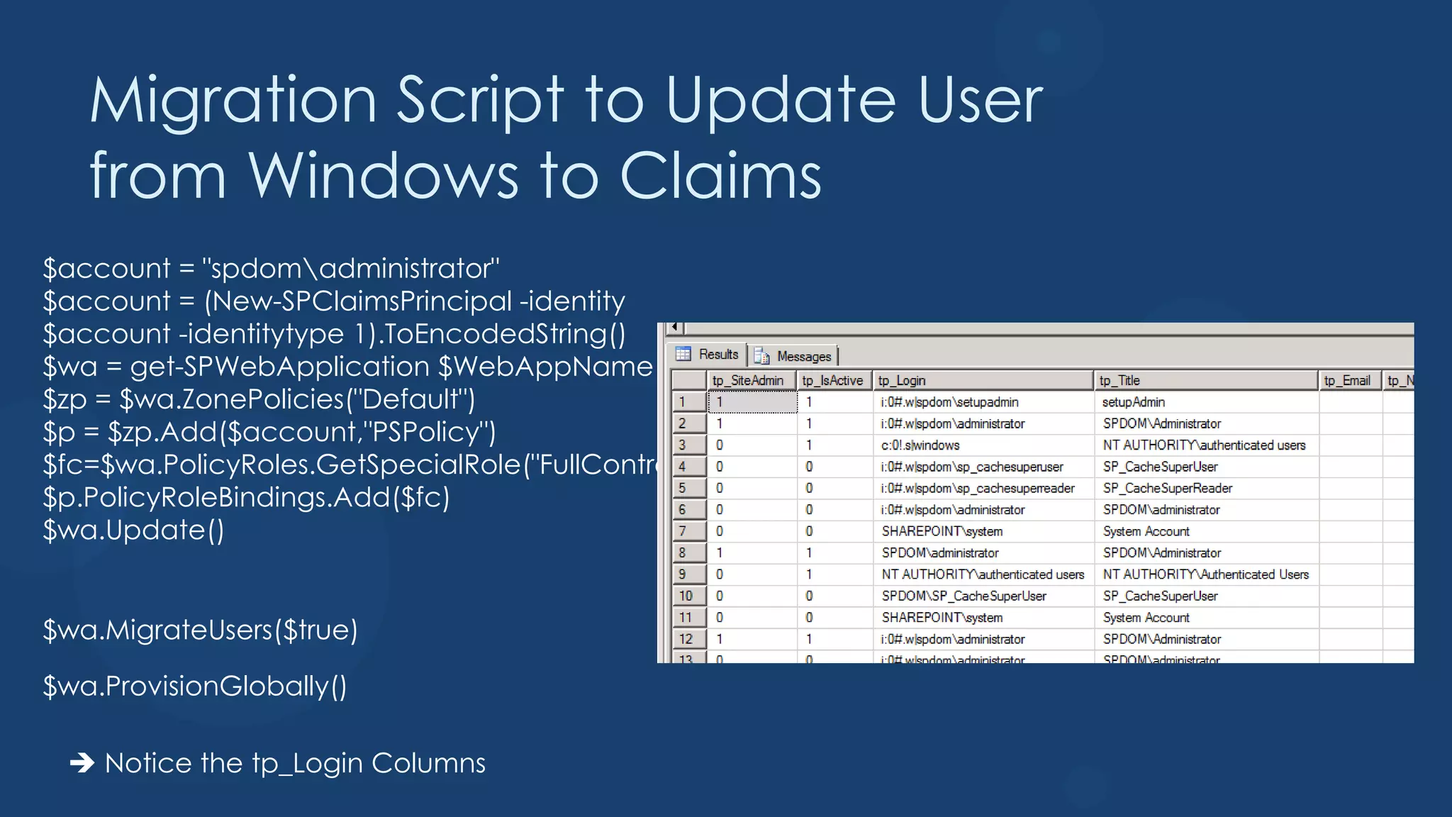 Migration Script to Update User
   from Windows to Claims
$account = "spdomadministrator"
$account = (New-SPClaimsPrincipal -identity
$account -identitytype 1).ToEncodedString()
$wa = get-SPWebApplication $WebAppName
$zp = $wa.ZonePolicies("Default")
$p = $zp.Add($account,"PSPolicy")
$fc=$wa.PolicyRoles.GetSpecialRole("FullControl")
$p.PolicyRoleBindings.Add($fc)
$wa.Update()


$wa.MigrateUsers($true)

$wa.ProvisionGlobally()

  Notice the tp_Login Columns
 