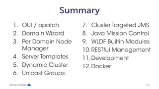Copyright © 2014, Oracle and/or its affiliates. All rights reserved. |
Oracle’s WebLogic blog 
https://blogs.oracle.com/weblogicserver
Facebook 
https://www.facebook.com/oracleweblogic
Twitter 
https://twitter.com/oracleweblogic
YouTube
http://www.youtube.com/oracleweblogic
 
Developer Webcast Series
http://www.oracle.com/goto/weblogicdevcast
!
iLearning Interactive WebLogic Server 12.1.3 new
features:
http://goo.gl/ESkvHj
www.munzandmore.com/blog 
 
facebook.com/cloudcomputingbook"
facebook.com/weblogicbook"
!
@frankmunz"
!
youtube.com/weblogicbook
-> more than 45 WLS web casts
 