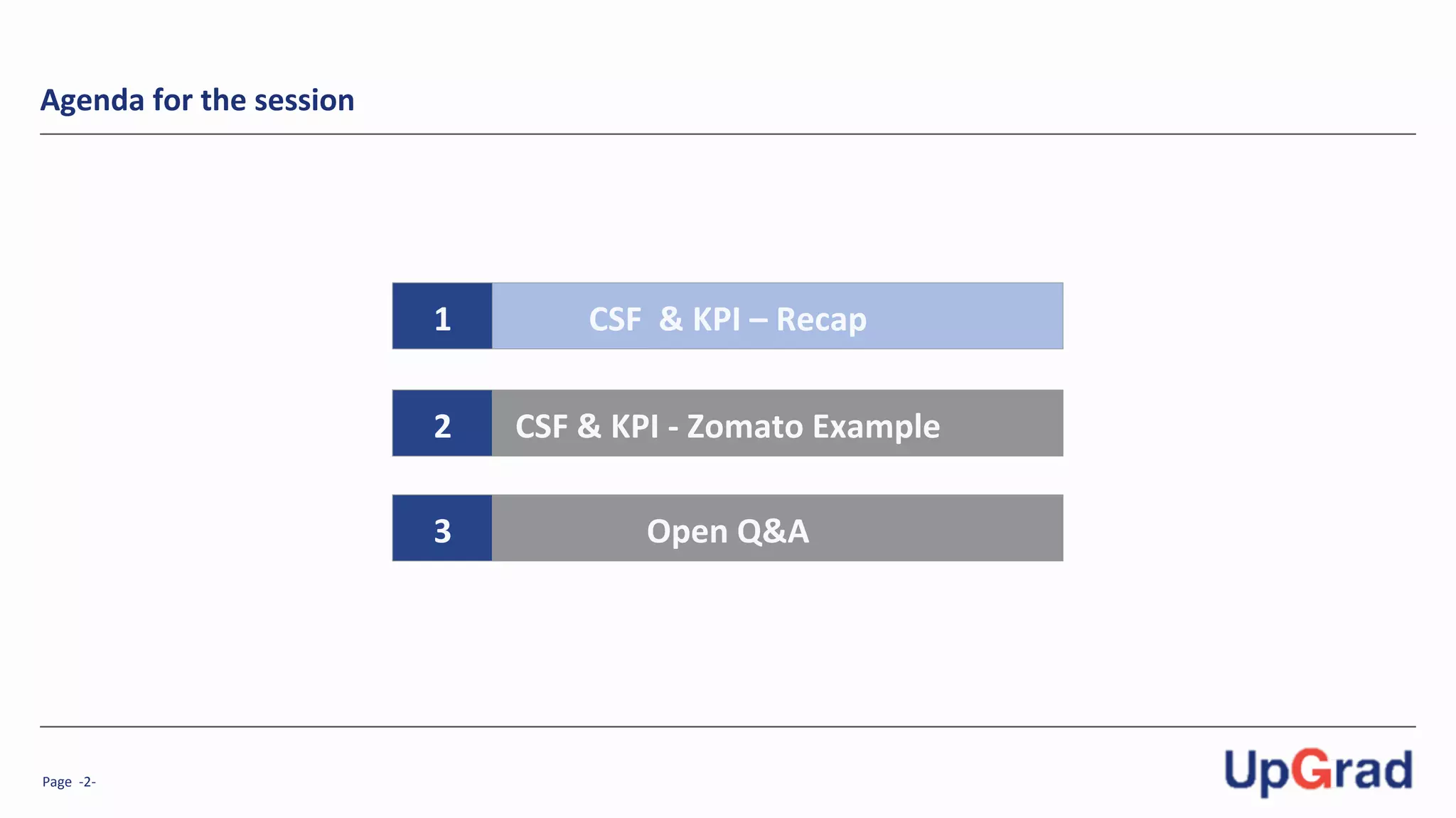 Page	
  	
  -­‐2-­‐	
  
Agenda	
  for	
  the	
  session	
  
CSF	
  	
  &	
  KPI	
  –	
  Recap	
  
CSF	
  &	
  KPI	
  -­‐	
  Zomato	
  Example	
  	
  
Open	
  Q&A	
  
1	
  
2	
  
3	
  
 