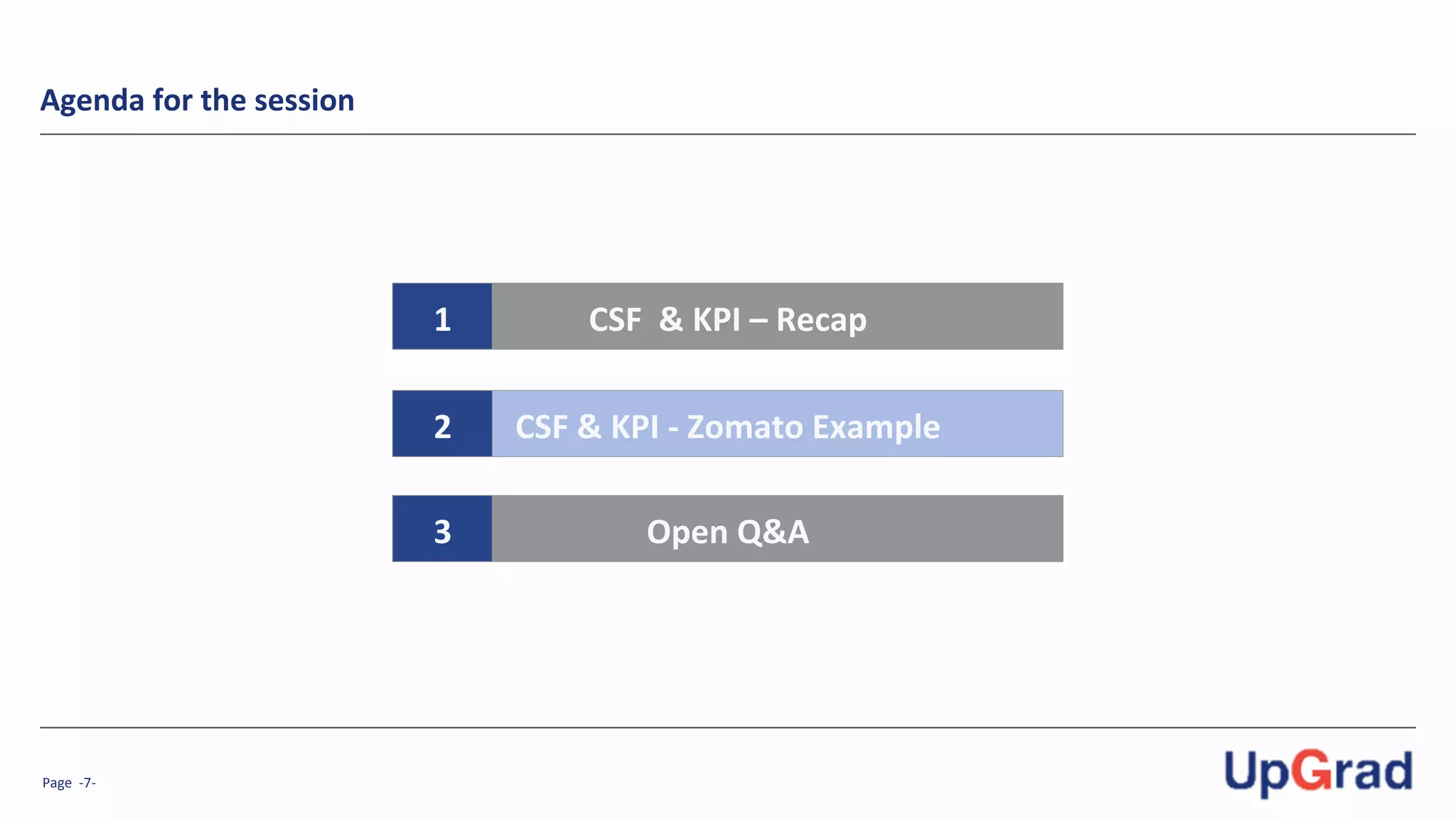 Page	
  	
  -­‐7-­‐	
  
Agenda	
  for	
  the	
  session	
  
CSF	
  	
  &	
  KPI	
  –	
  Recap	
  
CSF	
  &	
  KPI	
  -­‐	
  Zomato	
  Example	
  	
  
Open	
  Q&A	
  
1	
  
2	
  
3	
  
 