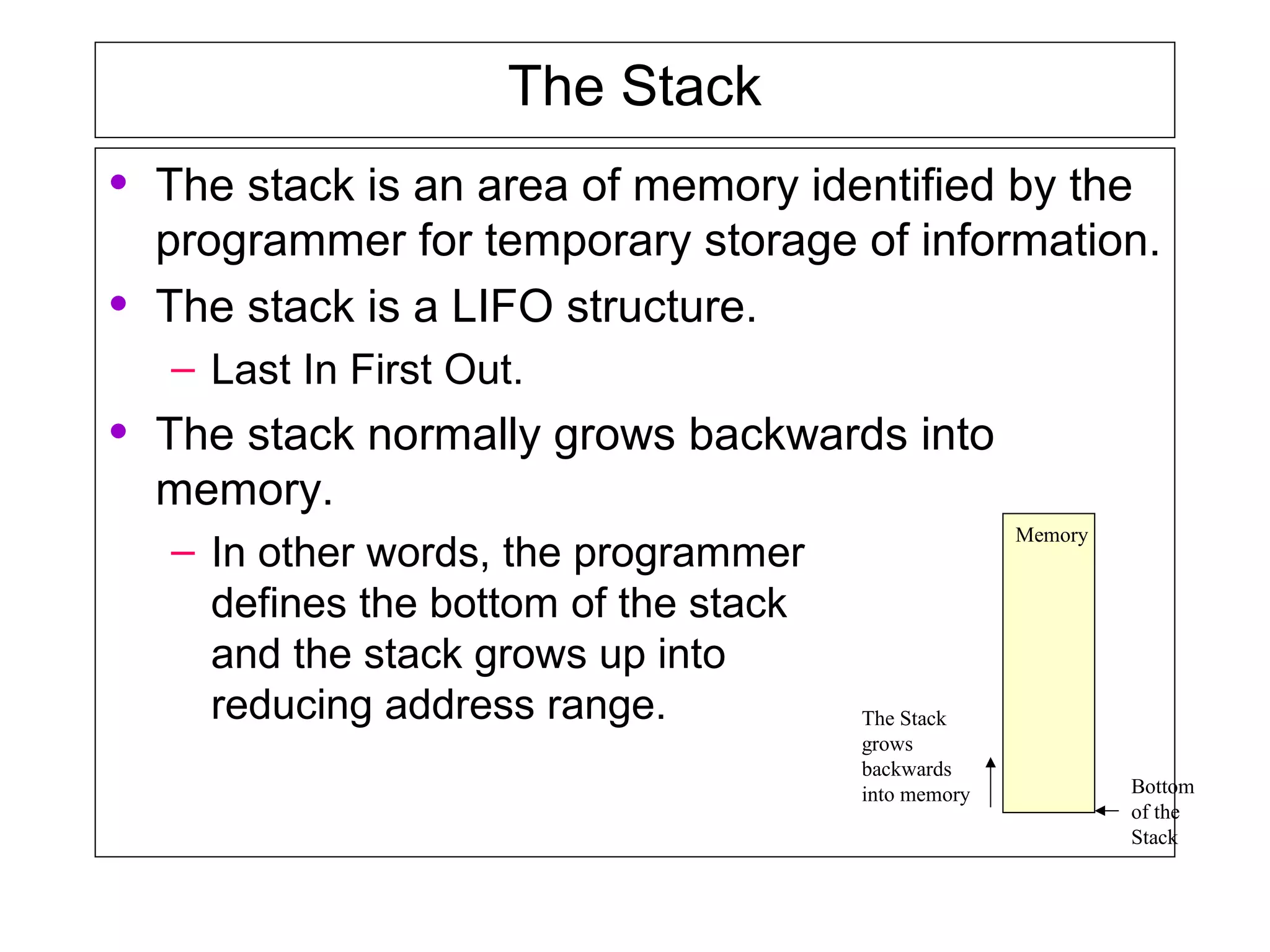 The Stack
• The stack is an area of memory identified by the
programmer for temporary storage of information.
• The stack is a LIFO structure.
– Last In First Out.
• The stack normally grows backwards into
memory.
– In other words, the programmer
defines the bottom of the stack
and the stack grows up into
reducing address range.
Memory
Bottom
of the
Stack
The Stack
grows
backwards
into memory
 