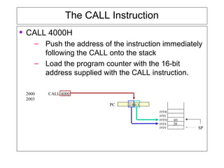 The CALL Instruction
• CALL 4000H
– Push the address of the instruction immediately
following the CALL onto the stack
– Load the program counter with the 16-bit
address supplied with the CALL instruction.
PC
SPFFFF
FFFE
FFFD
FFFC
FFFB
2 0 0 3
03
20
2000 CALL 4000
2003
 
