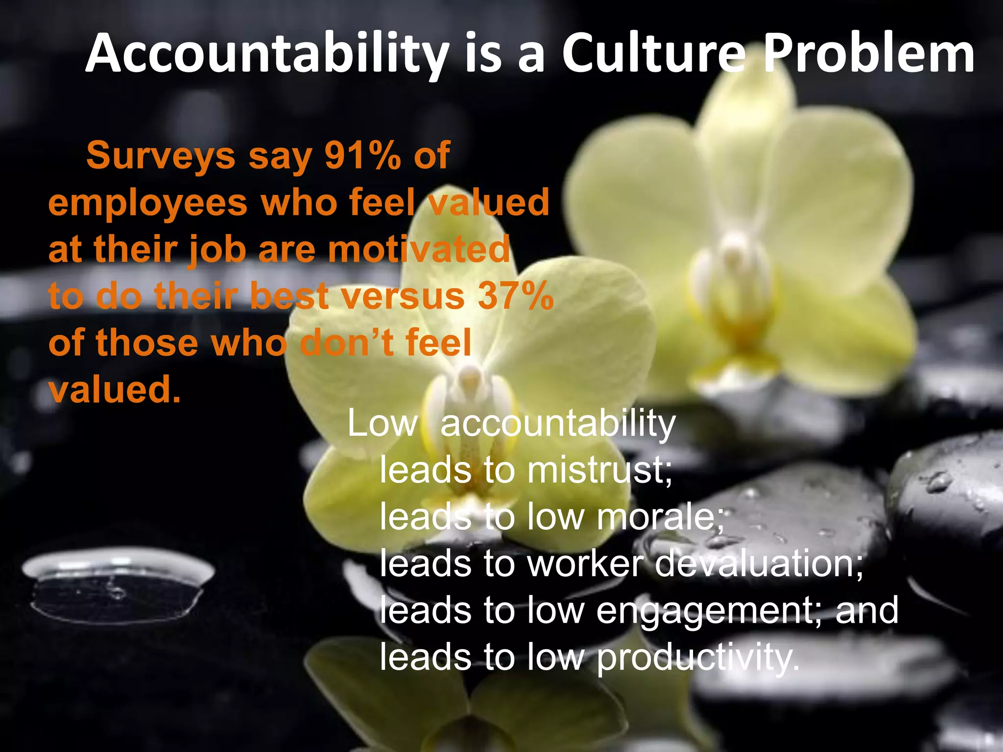 Accountability is a Culture Problem
Surveys say 91% of
employees who feel valued
at their job are motivated
to do their best versus 37%
of those who don’t feel
valued.
Low accountability
leads to mistrust;
leads to low morale;
leads to worker devaluation;
leads to low engagement; and
leads to low productivity.
 