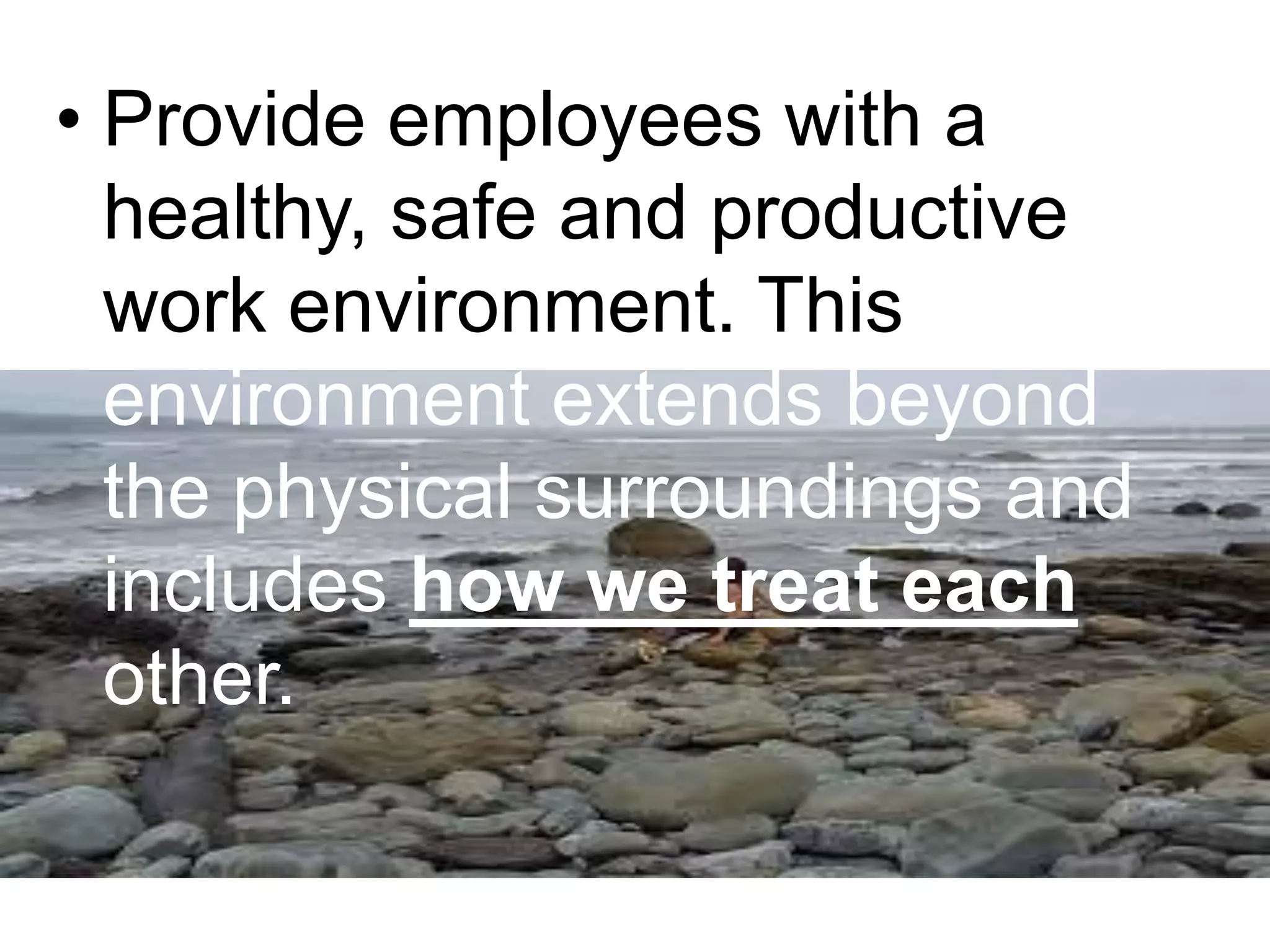 • Provide employees with a
healthy, safe and productive
work environment. This
environment extends beyond
the physical surroundings and
includes how we treat each
other.
 