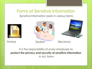 Forms of Sensitive Information
Sensitive Information exists in various forms
Printed Spoken Electronic
It is the responsibility of every employee to
protect the privacy and security of sensitive information
in ALL forms
 