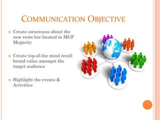 COMMUNICATION OBJECTIVE
 Create awareness about the
new resto bar located in MGF
Megacity
 Create top-of-the mind recall
brand value amongst the
target audience
 Highlight the events &
Activities
 