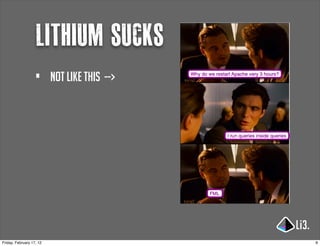 lithium sucks
                   •      Not like this -->




Friday, February 17, 12                       9
 