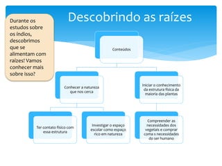 Descobrindo as raízes
Conteúdos
Conhecer a natureza
que nos cerca
Ter contato físico com
essa estrutura
Investigar o espaço
escolar como espaço
rico em natureza
Iniciar o conhecimento
da estrutura física da
maioria das plantas
Compreender as
necessidades dos
vegetais e comprar
coma s necessidades
do ser humano
Durante os
estudos sobre
os índios,
descobrimos
que se
alimentam com
raízes! Vamos
conhecer mais
sobre isso?
 