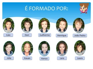 É FORMADO POR:
Caio Davi Guilherme Henrique João Pedro
Júlia Kauan Kenzo Lara Laura
 