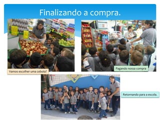 Finalizando a compra.
Vamos escolher uma cebola?
Pagando nossa compra
Retornando para a escola.
 