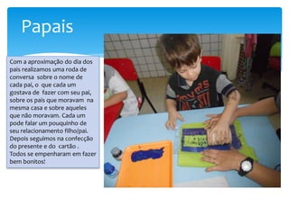 Papais
Com a aproximação do dia dos
pais realizamos uma roda de
conversa sobre o nome de
cada pai, o que cada um
gostava de fazer com seu pai,
sobre os pais que moravam na
mesma casa e sobre aqueles
que não moravam. Cada um
pode falar um pouquinho de
seu relacionamento filho/pai.
Depois seguimos na confecção
do presente e do cartão .
Todos se empenharam em fazer
bem bonitos!
 