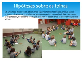 Hipóteses sobre as folhas
Em uma roda de conversa, observando algumas folhas recolhidas, propus que as
crianças dissessem o que achavam que aconteceria com aquelas folhas. Anotamos
as hipóteses e, no decorrer de alguns dias fomos observando as transformações das
folhas.
 