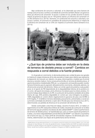 24
1 Bajo condiciones de consumo a voluntad, se ha observado que otros factores de
manejo como el acceso a sombra o el método de suministro también afectan a la ganancia
diaria y/o eficiencia de conversión. El acceso a sombra en los corrales durante el verano
mejoró al ganancia de peso vivo en 150 gramos diarios y la eficiencia de conversión en
un 6% (Simeone et al, 2011b). Asimismo, en condiciones de consumo a voluntad y con
acceso a sombra, el suministro en comederos de autoconsumo determinó un mejora de
la eficiencia de conversión de un 25% con respecto al suministro diario (Simeone et al,
2011a).
• ¿Qué tipo de proteína debe ser incluida en la dieta
de terneros de destete precoz a corral? Cambios en
respuesta a corral debidos a la fuente proteica
En el ganado en crecimiento, la demanda proteica por unidad de peso vivo ganado
es máxima en etapas tempranas de la vida asociado al mayor peso relativo que representa
la deposición de músculo con relación a la grasa, disminuyendo a medida que el animal
alcanza su tamaño maduro. Como consecuencia de ellos en terneros de destete precoz, el
aporte de proteína metabolizable (PM) y/o su composición aminoacidíca pueden resultar
factores limitantes para la expresión del potencial de crecimiento, afectando además a la
eficiencia de conversión del alimento. Dietas con similar aporte de proteína cruda pueden
variar en el aporte de PM dependiendo de la degradabilidad efectiva de la proteína en
el rumen, del aporte de energía y de la eficiencia microbiana para la síntesis proteica. En
reciente trabajo desarrollado en al UPIC, la sustitución de la proteína verdadera de la dieta
(harina de soja, 65% proteína degradable en rumen) por urea (nitrógeno no proteico,
100% degradable en rumen) afectó negativamente la ganancia de peso vivo (0.990 vs
0.810 kg/dia, P<0.0240) en terneros destetados precozmente y alimentados a corral con
suministro controlado de alimento a razón del 2.5% del peso vivo (Simeone et al, 2011),
determinando una pérdida de eficiencia en la conversión del alimento de 15%.
Dando continuidad a esta línea de trabajo, durante el verano 2012, se realizó un
experimento en la UPIC evaluando el efecto de niveles crecientes de sustitución en la dieta
de harina de soja por proteína microbiana de alta calidad (DEMPTM
) sobre la performance
de terneros de destete precoz. Se hipotetizaba que, para un mismo aporte de proteína en
la dieta, una menor degradabilidad ruminal efectiva del DEMPTM
con relación a la proteína
de la harina de soja y su mejor perfil de aminoácidos respecto a la demanda para creci-
miento, determinarían una mejora de la performance de los terneros .
DEMP (Dietary Escape Microbial Protein), es un producto comercial creado por la empresa Alltech, que ya ha sido
evaluado en vacas lecheras. En el área de ganado de carne, el equipo técnico de la UPIC ha creído conveniente
evaluarlo en aquella categoría más exigente en proteína que es precisamente la categoría de terneros de Destete
Precoz, siendo esta la primera experiencia realziada en Uruguay con DEMP en ganado de carne.
 