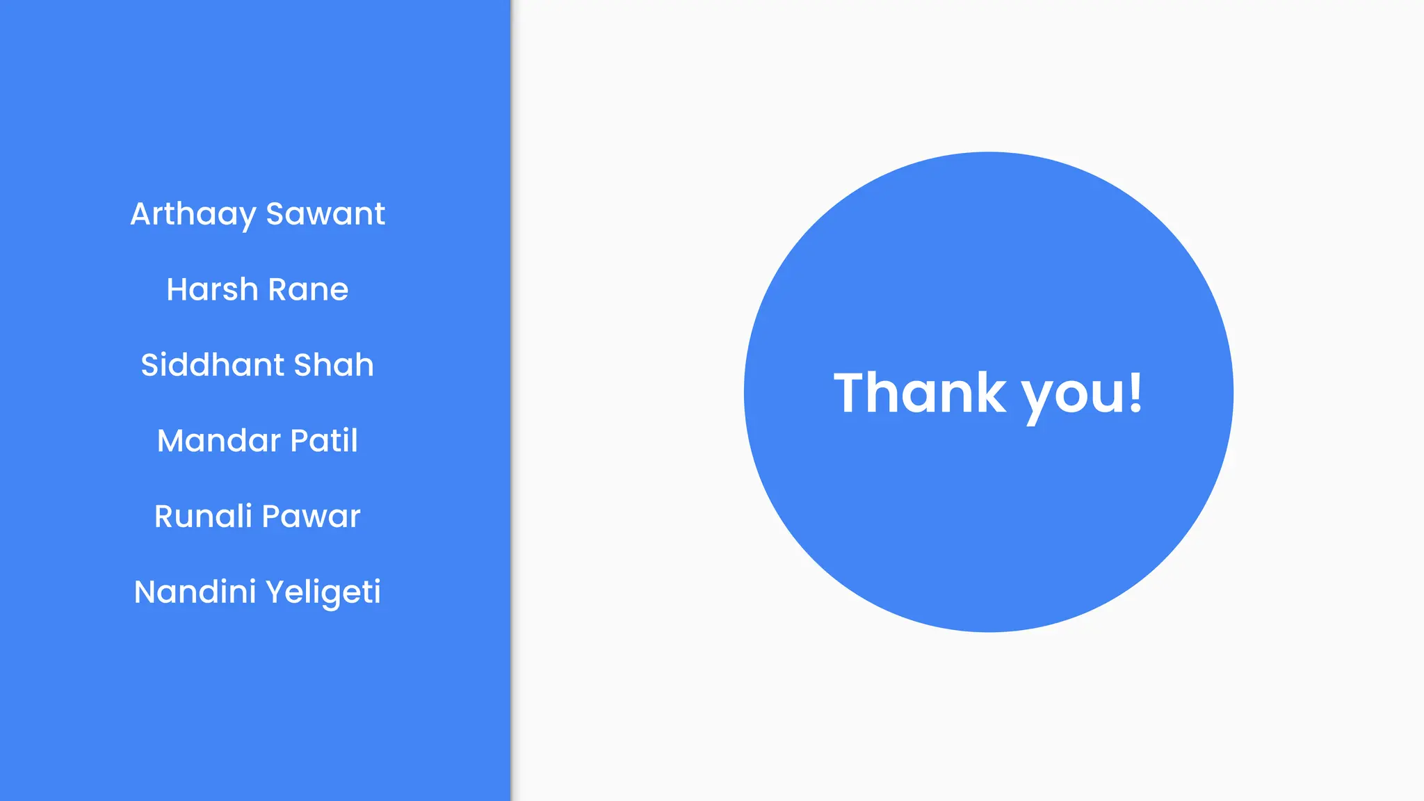 Arthaay Sawant
Harsh Rane
Siddhant Shah
Mandar Patil
Runali Pawar
Nandini Yeligeti
Thank you!
 