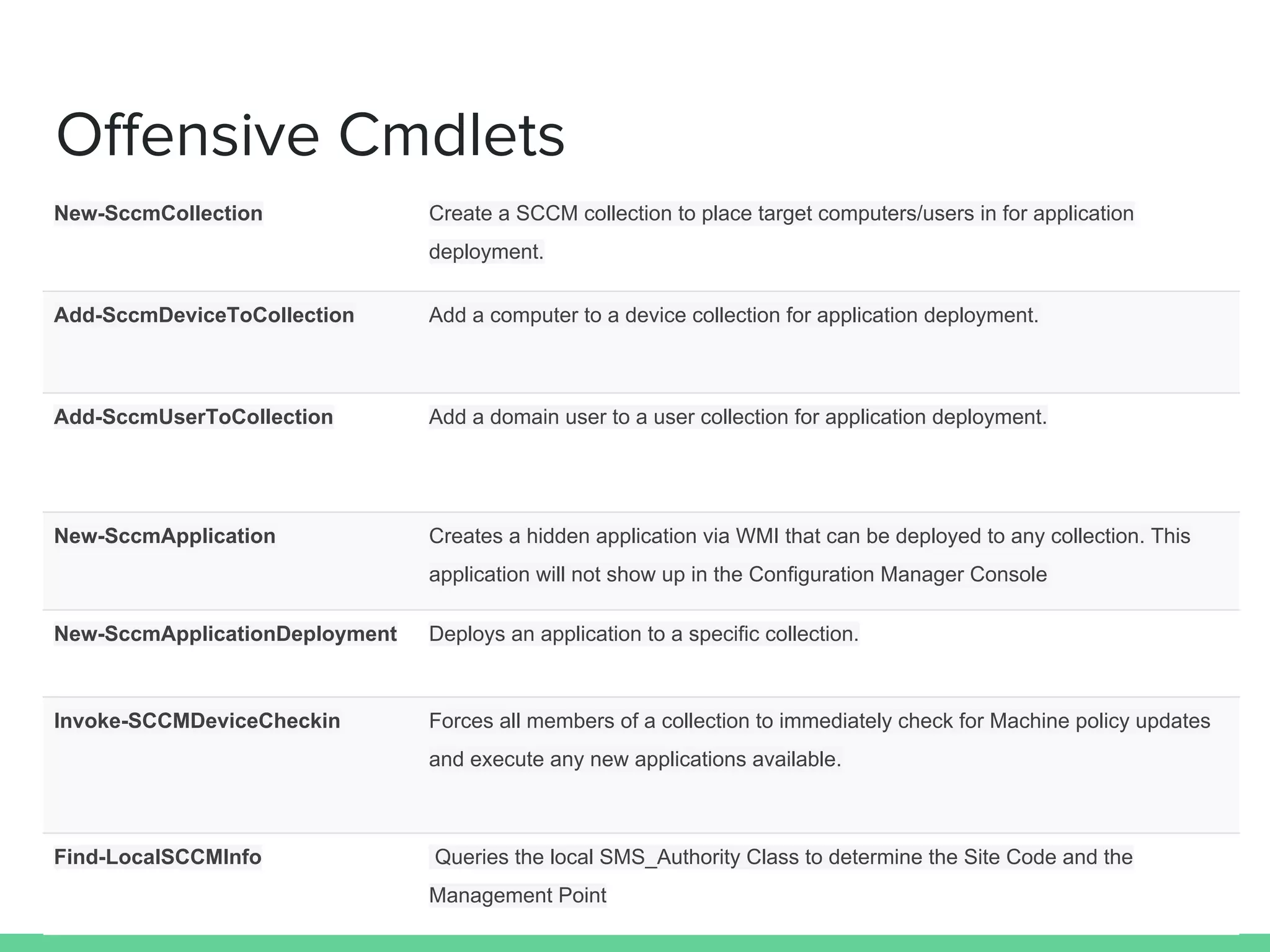 Offensive Cmdlets
New-SccmCollection Create a SCCM collection to place target computers/users in for application
deployment.
Add-SccmDeviceToCollection Add a computer to a device collection for application deployment.
Add-SccmUserToCollection Add a domain user to a user collection for application deployment.
New-SccmApplication Creates a hidden application via WMI that can be deployed to any collection. This
application will not show up in the Configuration Manager Console
New-SccmApplicationDeployment Deploys an application to a specific collection.
Invoke-SCCMDeviceCheckin Forces all members of a collection to immediately check for Machine policy updates
and execute any new applications available.
Find-LocalSCCMInfo Queries the local SMS_Authority Class to determine the Site Code and the
Management Point
 