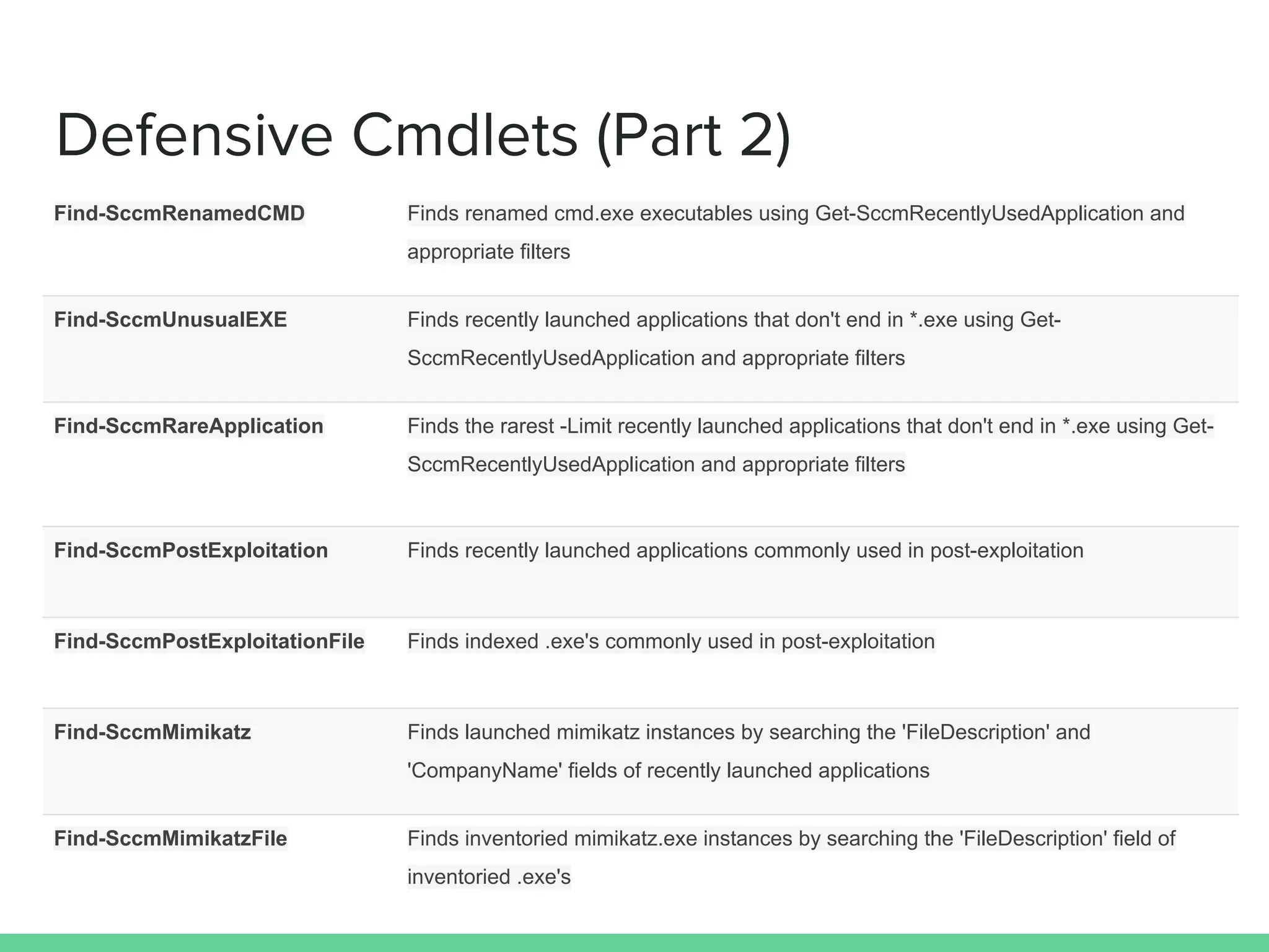 Defensive Cmdlets (Part 2)
Find-SccmRenamedCMD Finds renamed cmd.exe executables using Get-SccmRecentlyUsedApplication and
appropriate filters
Find-SccmUnusualEXE Finds recently launched applications that don't end in *.exe using Get-
SccmRecentlyUsedApplication and appropriate filters
Find-SccmRareApplication Finds the rarest -Limit recently launched applications that don't end in *.exe using Get-
SccmRecentlyUsedApplication and appropriate filters
Find-SccmPostExploitation Finds recently launched applications commonly used in post-exploitation
Find-SccmPostExploitationFile Finds indexed .exe's commonly used in post-exploitation
Find-SccmMimikatz Finds launched mimikatz instances by searching the 'FileDescription' and
'CompanyName' fields of recently launched applications
Find-SccmMimikatzFile Finds inventoried mimikatz.exe instances by searching the 'FileDescription' field of
inventoried .exe's
 