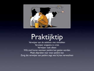 PraktijktipVerwijzer aan de telefoon niet uitmelken
Verwijzer enigszins in crisis
Verwijzer vaak alleen
Wilt snel horen wanneer patiënt kan gezien worden
Maak afspraken naar waar patiënt kan
Zorg dat verwijzer aan patiënt zegt wat hij kan verwachten
 