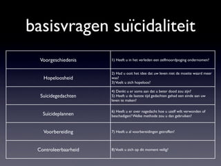basisvragen suïcidaliteit
Voorgeschiedenis 1) Heeft u in het verleden een zelfmoordpoging ondernomen?
Hopeloosheid
2) Had u ooit het idee dat uw leven niet de moeite waard meer
was?
3)Voelt u zich hopeloos?
Suïcidegedachten
4) Denkt u er soms aan dat u beter dood zou zijn?
5) Heeft u de laatste tijd gedachten gehad een einde aan uw
leven te maken?
Suïcideplannen
6) Heeft u er over nagedacht hoe u uzelf wilt verwonden of
beschadigen? Welke methode zou u dan gebruiken?
Voorbereiding 7) Heeft u al voorbereidingen getroffen?
Controleerbaarheid 8)Voelt u zich op dit moment veilig?
 