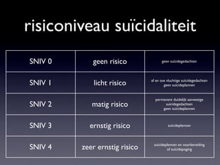 risiconiveau suïcidaliteit
SNIV 0 geen risico geen suïcidegedachten
SNIV 1 licht risico af en toe vluchtige suïcidegedachten
geen suïcideplannen
SNIV 2 matig risico
permanent duidelijk aanwezige
suïcidegedachten
geen suïcideplannen
SNIV 3 ernstig risico suïcideplannen
SNIV 4 zeer ernstig risico suïcideplannen en voorbereiding
of suïcidepoging
 