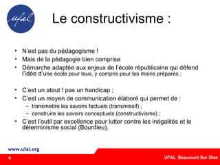 Le constructivisme : N’est pas du pédagogisme ! Mais de la pédagogie bien comprise Démarche adaptée aux enjeux de l’école républicaine qui défend l’idée d’u ne école pour tous, y compris pour les moins préparés ; C’est un atout ! pas un handicap ; C’est un moyen de communication élaboré qui permet de : transmettre les savoirs factuels (transmissif) ; construire les savoirs conceptuels (constructivisme) ; C’est l’outil par excellence pour lutter contre les inégalités et le déterminisme social (Bourdieu) ‏ .   4 