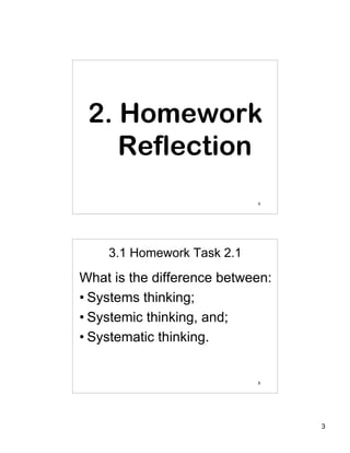 2. Homework
    Reflection
                            5




    3.1 Homework Task 2.1
What is the difference between:
• Systems thinking;
• Systemic thinking, and;
• Systematic thinking.


                            6




                                  3
 
