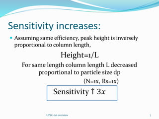 Sensitivity increases:
 Assuming same efficiency, peak height is inversely
proportional to column length,
Height=1/L
For same length column length L decreased
proportional to particle size dp
(N=1x, Rs=1x)
Sensitivity ↑ 3𝑥
UPLC-An overview 7
 