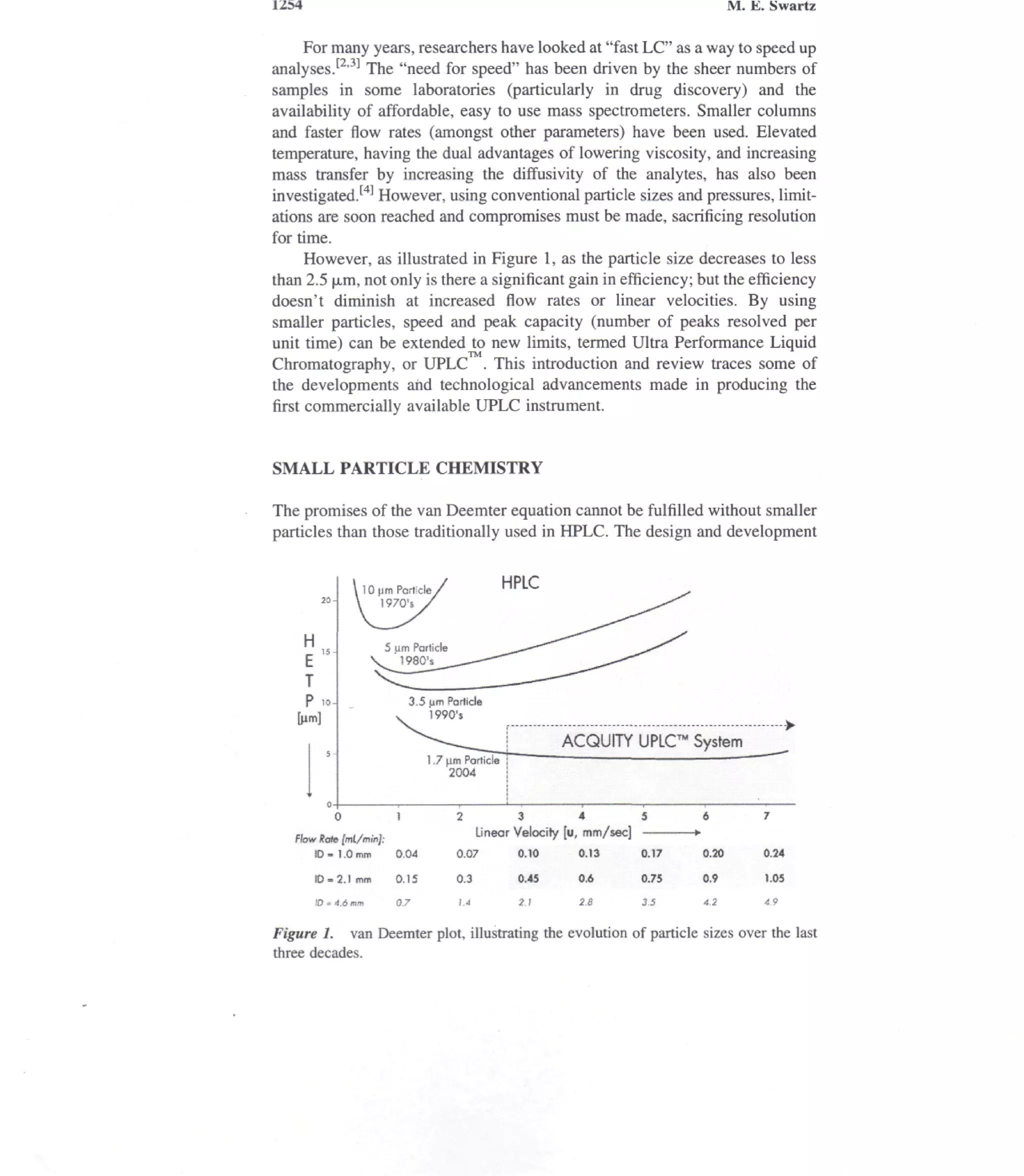 1254                                                                                   M. E. Swartz

      For many years, researchers have looked at "fast LC" as a way to speed up
analyses.[2'31 The "need for speed" has been driven by the sheer numbers of
samples in some laboratories (particularly in drug discovery) and the
availability of affordable, easy to use mass spectrometers. Smaller columns
and faster flow rates (amongst other parameters) have been used. Elevated
temperature, having the dual advantages of lowering viscosity, and increasing
mass transfer by increasing the diffusivity of the analytes, has also been
investigated.M However, using conventional particle sizes and pressures, limit-
ations are soon reached and compromises must be made, sacrificing resolution
for time.
      However, as illustrated in Figure 1, as the particle size decreases to less
than 2.5 urn, not only is there a significant gain in efficiency; but the efficiency
doesn't diminish at increased flow rates or linear velocities. By using
smaller particles, speed and peak capacity (number of peaks resolved per
unit time) can be extended to new limits, termed Ultra Performance Liquid
Chromatography, or UPLC . This introduction and review traces some of
the developments and technological advancements made in producing the
first commercially available UPLC instrument.


SMALL PARTICLE CHEMISTRY

The promises of the van Deemter equation cannot be fulfilled without smaller
particles than those traditionally used in HPLC. The design and development


                  10 Mm Porticle ,
                                               HPLC


       H
       E'5
       T
       P .0




                                     2            3         4            5

   f law Kale [ml/mm]:
                                           Linear Velocity [u, mm/sec]
        10 - 1.0 mm      0.04        0.07         0.10      0.13         0.17   0.20       0.24

        10 = 2.1 mm      0.15        0.3          0.45      0.6          0.75   0.9         1.05

        !D » 4.6 mm      0.7         1.4          1.1       2.8          3.5                49


Figure 1. van Deemter plot, illustrating the evolution of particle sizes over the last
three decades.
 