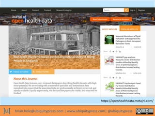brian.hole@ubiquitypress.com | www.ubiquitypress.com| @ubiquitypress
https://openhealthdata.metajnl.com/
 