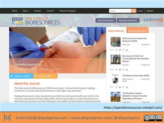 brian.hole@ubiquitypress.com | www.ubiquitypress.com| @ubiquitypress
https://openbioresources.metajnl.com/
 
