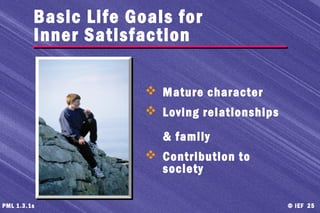 © IEF 25PML 1.3.1s
Basic Life Goals for
Inner Satisfaction
 Mature character
 Loving relationships
& family
 Contribution to
society
 