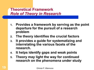 Theoretical Framework
     Role of Theory in Research

     1.   Provides a framework by serving as the point
          departure for the pursuit of a research
          problem
     2.   The theory identifies the crucial factors
     3.   It provides a guide for systematizing and
          interrelating the various facets of the
          research.
     4.   It helps identify gaps and weak points
     5.   Theory may light the way for continued
          research on the phenomena under study

19                    Erlinda P. Villamoran
 