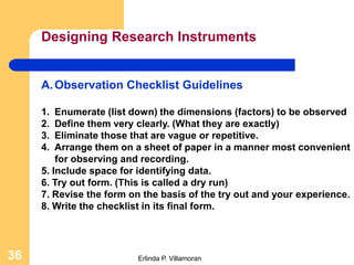 Designing Research Instruments


     A. Observation Checklist Guidelines

     1.  Enumerate (list down) the dimensions (factors) to be observed
     2.  Define them very clearly. (What they are exactly)
     3.  Eliminate those that are vague or repetitive.
     4.  Arrange them on a sheet of paper in a manner most convenient
         for observing and recording.
     5. Include space for identifying data.
     6. Try out form. (This is called a dry run)
     7. Revise the form on the basis of the try out and your experience.
     8. Write the checklist in its final form.




36                        Erlinda P. Villamoran
 