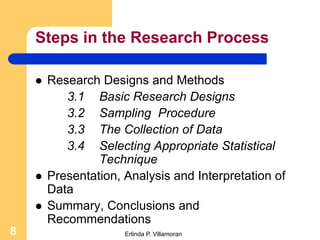 Steps in the Research Process

       Research Designs and Methods
           3.1 Basic Research Designs
           3.2 Sampling Procedure
           3.3 The Collection of Data
           3.4 Selecting Appropriate Statistical
                 Technique
       Presentation, Analysis and Interpretation of
        Data
       Summary, Conclusions and
        Recommendations
8                     Erlinda P. Villamoran
 