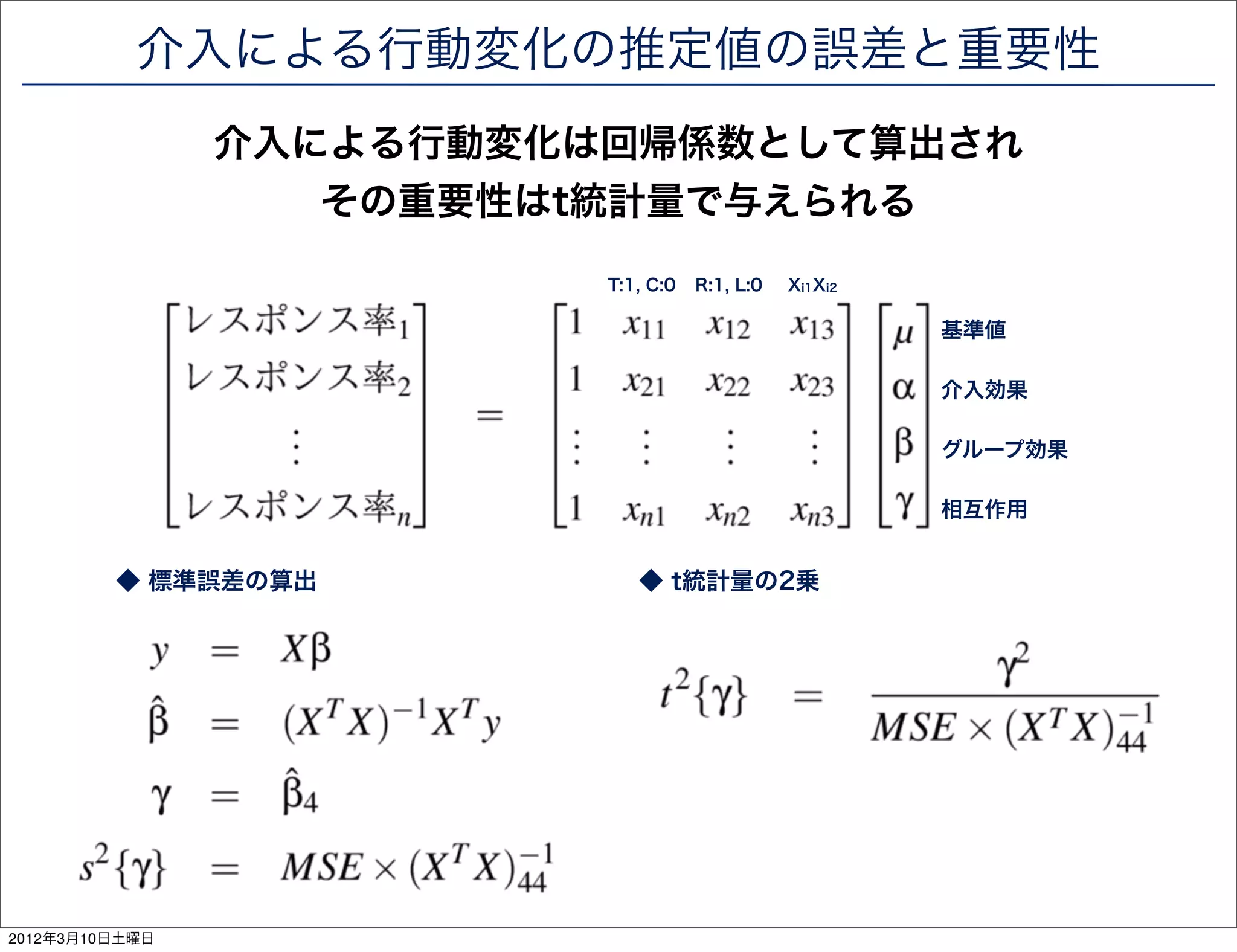 介入による行動変化の推定値の誤差と重要性
                介入による行動変化は回帰係数として算出され
                   その重要性はt統計量で与えられる
                          T:1, C:0   R:1, L:0   Xi1Xi2

                                                         基準値

                                                         介入効果

                                                         グループ効果

                                                         相互作用


         ◆ 標準誤差の算出           ◆ t統計量の2乗




2012年3月10日土曜日
 