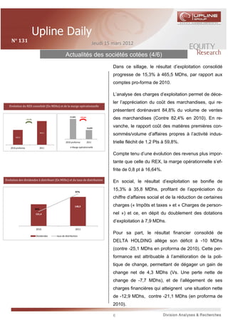 N°	131	                                                                          Jeudi 15 mars 2012

                                                   Actualités des sociétés cotées (4/6)
                                                                                              Dans ce sillage, le résultat d’exploitation consolidé
                                                                                              progresse de 15,3% à 465,5 MDhs, par rapport aux
                                                                                              comptes pro-forma de 2010.

                                                                                              L’analyse des charges d’exploitation permet de déce-
                                                                                              ler l’appréciation du coût des marchandises, qui re-
   Evolution du REX consolidé (En MDhs) et de la marge opé rationnelle
                                                                                              présentent dorénavant 84,8% du volume de ventes
                                                       17,42%
                    +15,3%
                                                                  - 0,8 pts
                                                                                              des marchandises (Contre 82,4% en 2010). En re-

                                                                              16,64%
                                                                                              vanche, le rapport coût des matières premières con-
                                   465,5
                                                                                              sommés/volume d’affaires propres à l’activité indus-
        403,9

                                                   2010 proforma              2011            trielle fléchit de 1,2 Pts à 59,8%.
    2010 proforma                  2011                  Marge opérationnelle

                                                                                              Compte tenu d’une évolution des revenus plus impor-
                                                                                              tante que celle du REX, la marge opérationnelle s’ef-
                                                                                              frite de 0,8 pt à 16,64%.

Evolution des dividendes à distribuer (En MDhs) et du taux de distribution
                                                                                              En social, le résultat d’exploitation se bonifie de

                                                            97%
                                                                                              15,3% à 35,8 MDhs, profitant de l’appréciation du
                                                                                              chiffre d’affaires social et de la réduction de certaines
                                                            148,9                             charges (« Impôts et taxes » et « Charges de person-
                             66%
                             131,4                                                            nel ») et ce, en dépit du doublement des dotations
                                                                                              d’exploitation à 7,9 MDhs.
                             2010                           2011
                                                                                              Pour sa part, le résultat financier consolidé de
                             Dividendes    taux de distribution

                                                                                              DELTA HOLDING allège son déficit à -10 MDhs
                                                                                              (contre -25,1 MDhs en proforma de 2010). Cette per-
                                                                                              formance est attribuable à l’amélioration de la poli-
                                                                                              tique de change, permettant de dégager un gain de
                                                                                              change net de 4,3 MDhs (Vs. Une perte nette de
                                                                                              change de -7,7 MDhs), et de l’allègement de ses
                                                                                              charges financières qui atteignent une situation nette
                                                                                              de -12,9 MDhs, contre -21,1 MDhs (en proforma de
                                                                                              2010).

                                                                                              6
 