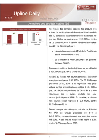 N°	131	                                                                 Jeudi 15 mars 2012

                                       Actualités des sociétés cotées (5/6)
         Evolution du RNPG (En MDhs) et de la marge nette                        Au niveau des comptes sociaux, les produits des
                 +2,1%
                                               10,54%
                                                          - 1,62 pts             « titres de participations et des autres titres immobili-
                                                                                 sés », constitués essentiellement de dividendes re-
                                                                       8,92%
     403,9
                         465,5
                                                                                 çus des filiales, se contracte à 121,9 MDhs, contre
                                            2010 proforma              2011      161,9 MDhs en 2010. A ce titre, rappelons que l’exer-
 2010 proforma           2011                           Marge nette

                                                                                 cice 2011 a été marqué par :

                                                                                       • L’acquisition auprès de l’Etat de la Société de

                                                                                         Sel de Mohammedia (SSM) ;

                                                                                       • Et, la création d’AFRICBITUMES, en partena-

                                                                                         riat avec SAMIR.

                                                                                 Dans ces conditions, le résultat financier social fléchit
                                                                                 à 127,5 MDhs (Vs. 166,3 MDhs en 2010).

                                                                                 Au volet du résultat non courant consolidé, ce dernier
                                                                                 enregistre une baisse à 5,7 MDhs (Vs. 39,9 MDhs en
                                                                                 pro-forma 2010), suite à la régression des plus-
                                                                                 values sur les immobilisations cédées à -0,4 MDhs
                                                                                 (Vs. 23,2 MDhs en pro-forma de 2010) et à la non
                                                                                 récurrence     des    «    autres   produits    non   cou-
                                                                                 rants » (spécifiques à SSM). En parallèle, le résultat
                                                                                 non courant social régresse à -0,3 MDhs, contre
                                                                                 20,6 MDhs en 2010.

                                                                                 Tenant compte des éléments précités, le Résultat
                                                                                 Net     Part   du    Groupe   progresse    de    2,1%   à
                                                                                 249,6 MDhs, comparativement aux comptes profor-
                                                                                 ma 2010. A cet effet la marge nette fléchit à 8,9%
                                                                                 contre 10,5% en proforma 2010.




                                                                                 7
 