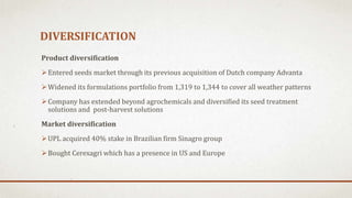 DIVERSIFICATION
Product diversification
Entered seeds market through its previous acquisition of Dutch company Advanta
Widened its formulations portfolio from 1,319 to 1,344 to cover all weather patterns
Company has extended beyond agrochemicals and diversified its seed treatment
solutions and post-harvest solutions
Market diversification
UPL acquired 40% stake in Brazilian firm Sinagro group
Bought Cerexagri which has a presence in US and Europe
 