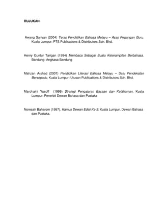 RUJUKAN




Awang Sariyan (2004) Teras Pendidikan Bahasa Melayu – Asas Pegangan Guru.
   Kuala Lumpur: PTS Publications & Distributors Sdn. Bhd.



Henry Guntur Tarigan (1994) Membaca Sebagai Suatu Keterampilan Berbahasa.
    Bandung: Angkasa Bandung



Mahzan Arshad (2007) Pendidikan Literasi Bahasa Melayu – Satu Pendekatan
    Bersepadu. Kuala Lumpur: Utusan Publications & Distributors Sdn. Bhd.



Marohaini Yusoff (1999) Strategi Pengajaran Bacaan dan Kefahaman. Kuala
    Lumpur: Penerbit Dewan Bahasa dan Pustaka



Noresah Baharom (1997). Kamus Dewan Edisi Ke-3: Kuala Lumpur. Dewan Bahasa
    dan Pustaka.
 