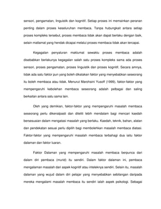 sensori, pengamatan, linguistik dan kognitif. Setiap proses ini memainkan peranan

penting dalam proses keseluruhan membaca. Tanpa hubungkait antara setiap

proses kompleks tersebut, proses membaca tidak akan dapat berlaku dengan baik,

selain matlamat yang hendak dicapai melalui proses membaca tidak akan tercapai.


      Kegagalan    penyaluran      maklumat   sewaktu   proses   membaca    adalah

disebabkan berlakunya kegagalan salah satu proses kompleks sama ada proses

sensori, proses pengamatan, proses linguistik dan proses kognitif. Secara amnya,

tidak ada satu faktor pun yang boleh dikatakan faktor yang menyebabkan seseorang

itu boleh membaca atau tidak. Menurut Marohaini Yusoff (1999), faktor-faktor yang

mempengaruhi kebolehan membaca seseorang adalah pelbagai dan saling

berkaitan antara satu sama lain.


      Oleh yang demikian, faktor-faktor yang mempengaruhi masalah membaca

seseorang perlu dikenalpasti dan diteliti lebih mendalam bagi mencari kaedah

bersesuaian dalam mengatasi masalah yang berlaku. Kaedah, teknik, bahan, alatan

dan pendekatan sesuai perlu dipilih bagi membolehkan masalah membaca diatasi.

Faktor-faktor yang mempengaruhi masalah membaca terbahagi dua iaitu faktor

dalaman dan faktor luaran.


      Faktor Dalaman yang mempengaruhi masalah membaca berpunca dari

dalam diri pembaca (murid) itu sendiri. Dalam faktor dalaman ini, pembaca

mengalaman masalah dari aspek kognitif atau inteleknya sendiri. Selain itu, masalah

dalaman yang wujud dalam diri pelajar yang menyebabkan sebilangan daripada

mereka mengalami masalah membaca itu sendiri ialah aspek psikologi. Sebagai
 