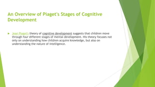 An Overview of Piaget's Stages of Cognitive
Development


Jean Piaget's theory of cognitive development suggests that children move
through four different stages of mental development. His theory focuses not
only on understanding how children acquire knowledge, but also on
understanding the nature of intelligence.

 