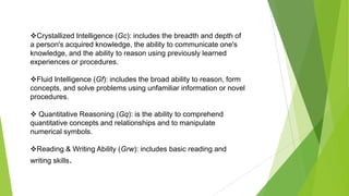 Crystallized Intelligence (Gc): includes the breadth and depth of
a person's acquired knowledge, the ability to communicate one's
knowledge, and the ability to reason using previously learned
experiences or procedures.
Fluid Intelligence (Gf): includes the broad ability to reason, form
concepts, and solve problems using unfamiliar information or novel
procedures.
 Quantitative Reasoning (Gq): is the ability to comprehend
quantitative concepts and relationships and to manipulate
numerical symbols.
Reading & Writing Ability (Grw): includes basic reading and
writing skills.

 