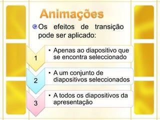 AnimaçõesOs efeitos de transição pode ser aplicado: