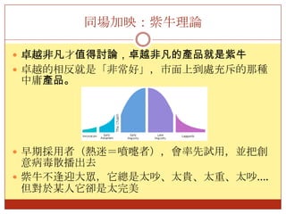…比賽同樣的故事幾乎沒有贏的機會因為：消費者一旦接受某個人的故事與謊言，要說服他轉變等於是要他承認自己犯錯，一般人都很不願意承認錯誤。